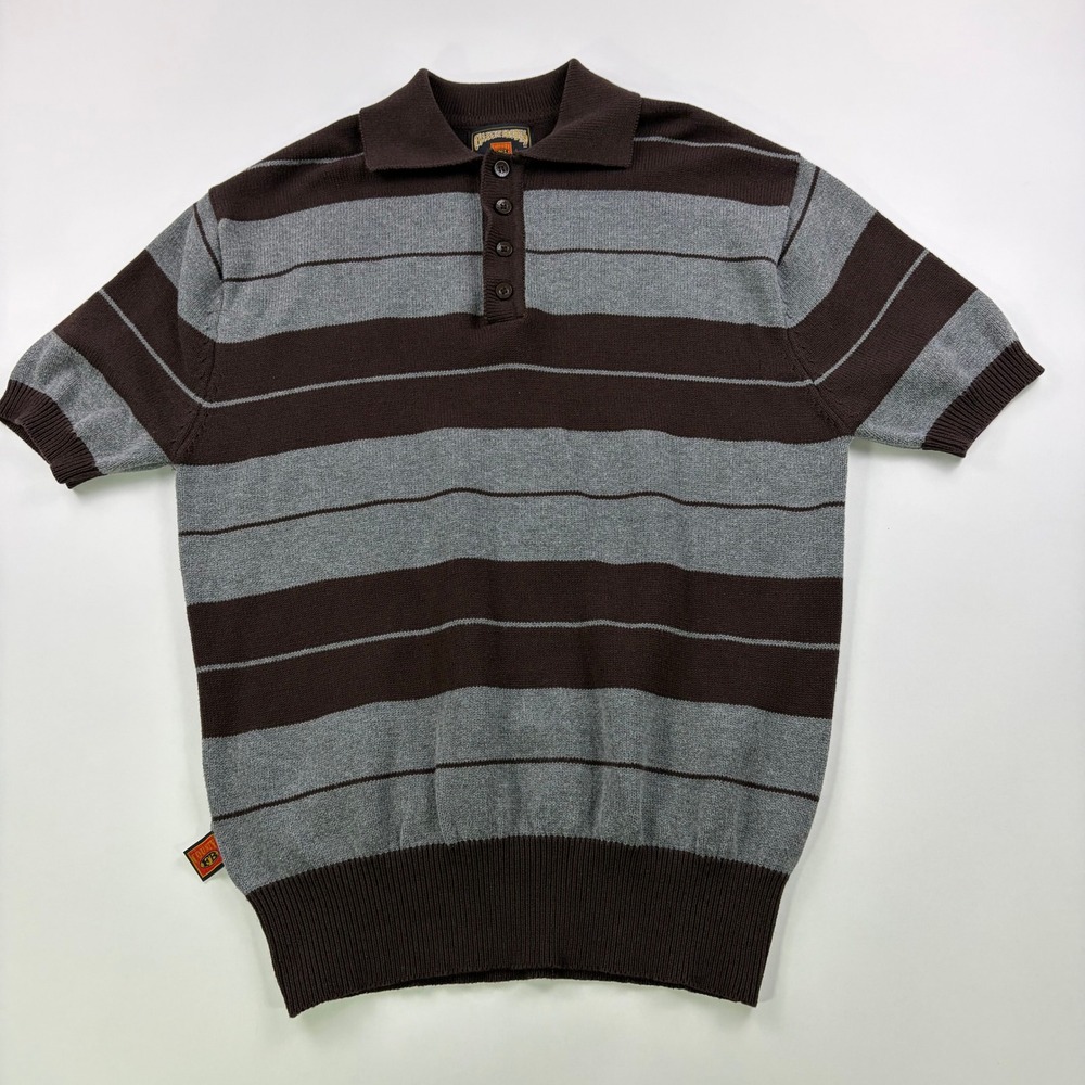 FB County Striped Knit Polo Sweater Mens Small Brown Grey Short Sleeve OG Style